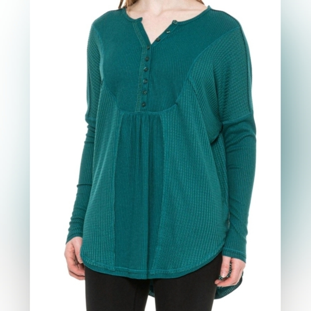 Free People Leo Oversized Henley Soft Waffle Knit Tunic Top Teal size XS